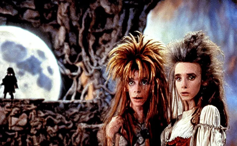 Image similar to movie still from the 1 9 8 8 sequel to labyrinth by jim henson's creature shop starring david bowie as goblin king and young jennifer connelly as sarah in a maze - like steampunk fortress on the moon. realistic practical - effects wondrous creatures and humanoid aliens. fantasy adventure.