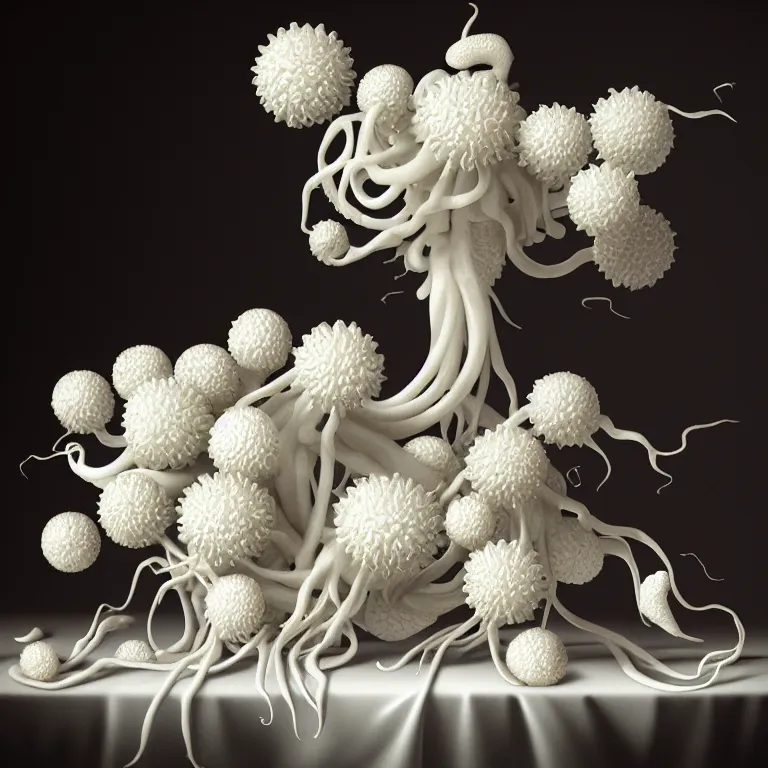 Image similar to still life of white flowers on a table, white alien squid, white octopus, , surreal alien ribbed white fruit, white human spine, baroque painting, beautiful detailed intricate insanely detailed octane render trending on Artstation, 8K artistic photography, photorealistic, chiaroscuro, Raphael, Caravaggio