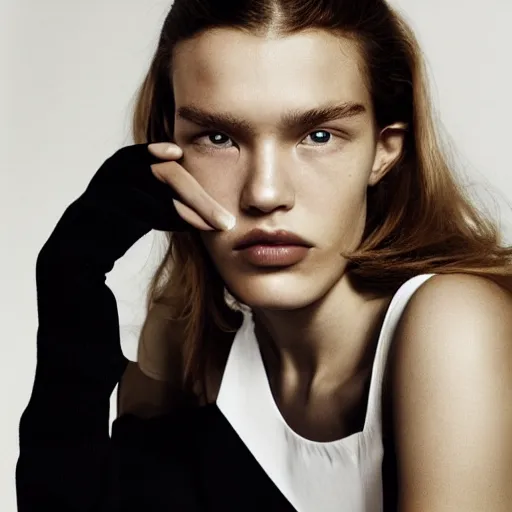 Prompt: close up of face of fashion model sitting on chair, official jil sander editorial