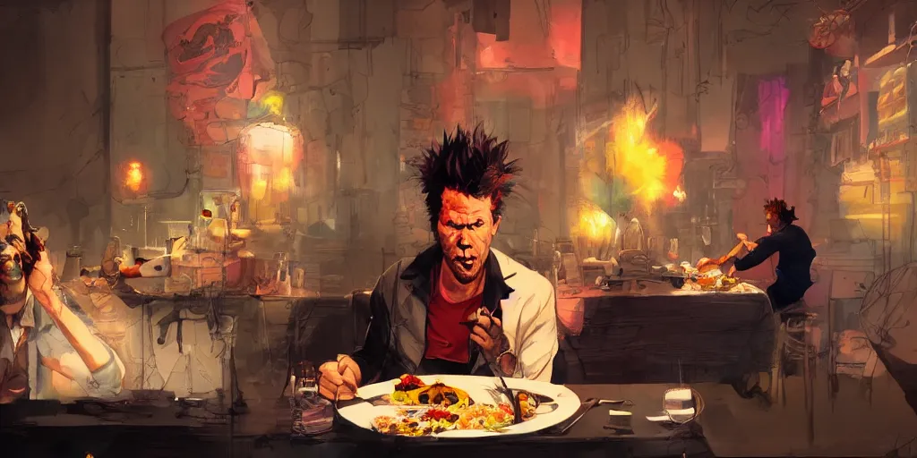 Image similar to cartoonish tom waits eating dinner, vivid colors, character sheet, fine details, concept design, contrast, kim jung gi, greg rutkowski, trending on artstation, 8 k, full body, turnaround, front view, back view, ultra wide angle