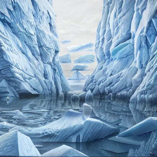 Image similar to menacing absence trailblazer Antarctica glacial cult incomprehensible topology ambience, realistic fantasy, oil painting, extremely high detail, photorealistic, cinematic lighting, oil painting, intricate line drawings, 4k resolution