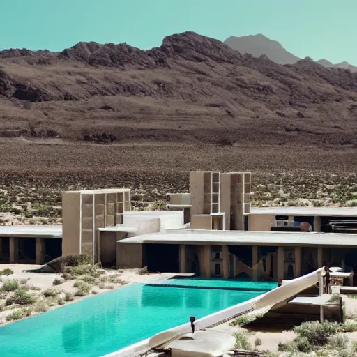 Image similar to brutalism style concept hotel in the desert, biophilia mood, pool, garden, highly detailed, cinematic, photorealistic,