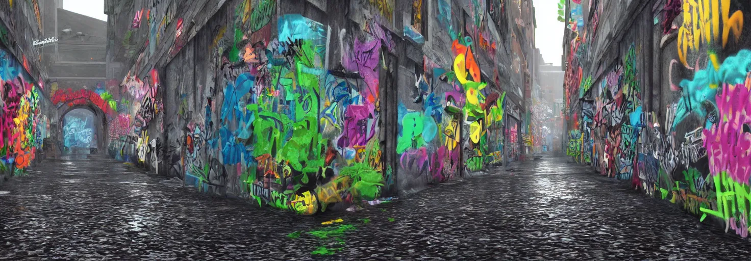 Prompt: graffiti filled alley in the rain, unreal engine,