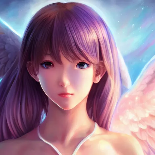 Image similar to an oil painting of a beautiful anime girl with angel wings, by artgerm, hd, hdr, ue 5, ue 6, unreal engine 5, cinematic 4 k wallpaper, 8 k, ultra detailed, high resolution, artstation, award winning