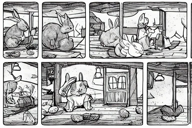 Image similar to a rabbit and a cat dressed in cottagecore living in a cottage, the rabbit has a vegetable garden and the cat is fixing the roof, comic book art style, pictures in sequence, storyboarding, speech bubbles