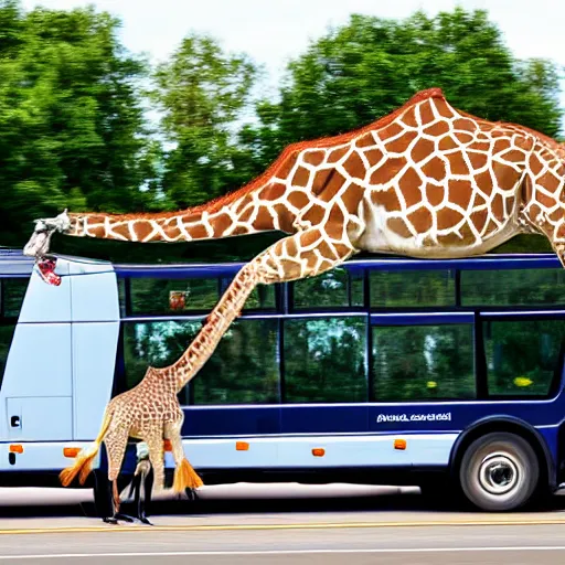 Image similar to giraffe driving a bus