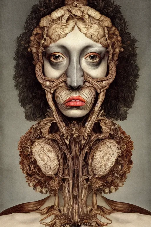 Image similar to Detailed maximalist portrait with large lips and with large wide eyes, surprised expression, surreal extra flesh and bones, HD mixed media, 3D collage, highly detailed and intricate, illustration in the golden ratio, in the style of Caravaggio, dark art, baroque