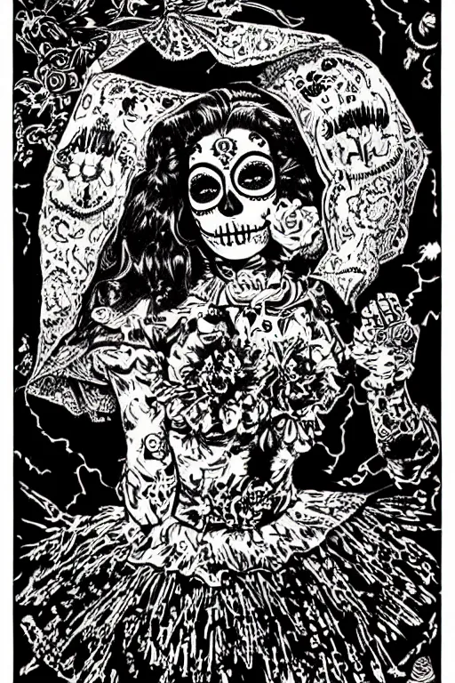 Prompt: Illustration of a sugar skull day of the dead girl, art by virgil finlay