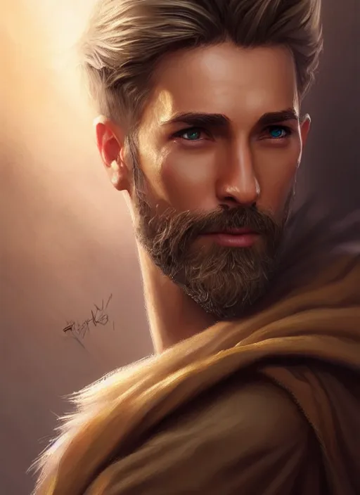 Prompt: a _ fantasy _ style _ portrait _ painting _ of wizard male, medium dark blonde pulled back and blonde stubble, brown eyes, rpg dnd oil _ painting _ unreal _ 5 _ daz. _ rpg _ portrait _ extremely _ detailed _ artgerm _ greg _ rutkowski _ greg