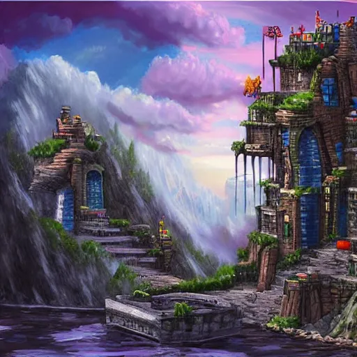 Image similar to fantasy stream punk city built into the side of a large mountain. high quality, realistic painting