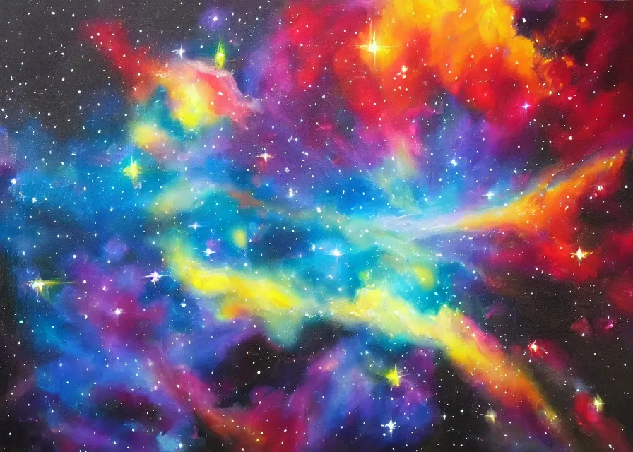 Image similar to spaceship flying over huge and colorful nebula, oil painting