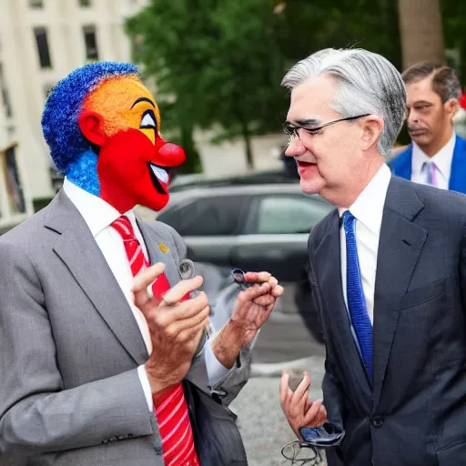 Prompt: Jerome Powell with clown makeup whiteface, talking with other clowns, full body, photo realistic, highly-detailed