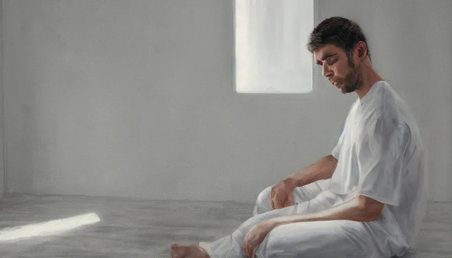 Image similar to a lonely young man in white clothes sits in a clean white empty apartment and stares into the distance, photorealistic painting, greg rutowski