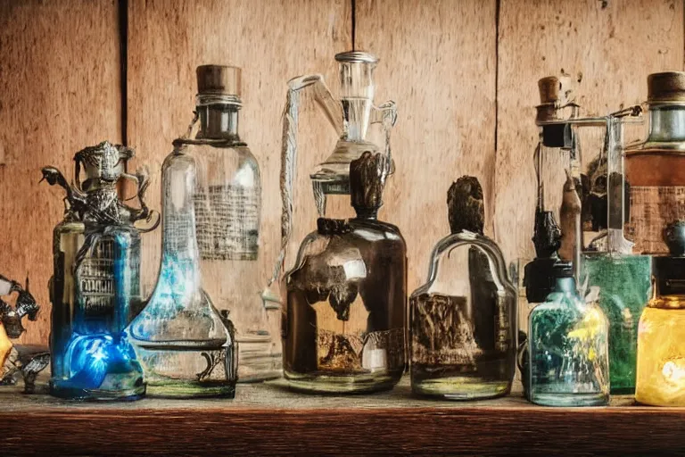 Prompt: five separate glowing potions on a wooden shelf, magical potions, fantasy history, 1 2 century photograph captured in an office