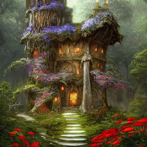 Image similar to A beautiful digital painting of a fantasy castle tower standing alone in the wood covered in flowers, mushrooms and moss with a door and windows and a front path and garden in the shire by Stanley Artgerm Lau, frank frazetta, Rossdraws, James Jean, gerald brom, Andrei Riabovitchev, Marc Simonetti, and Sakimichan, trending on artstation, SFW version