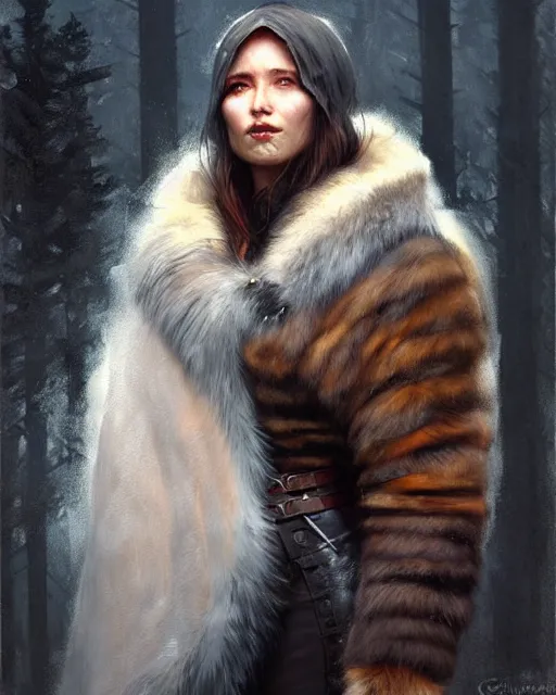 Image similar to a female nordic berserker with bear fur coat | | realistic shaded, fine details, realistic shaded lighting poster by greg rutkowski, magali villeneuve, artgerm, jeremy lipkin and michael garmash and rob rey