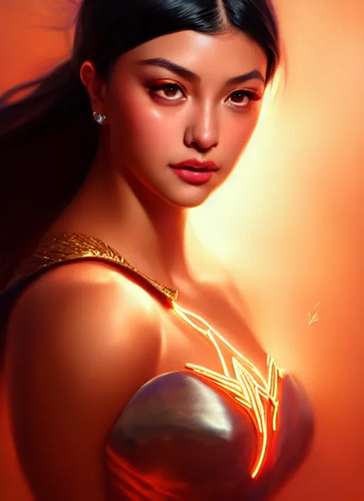 Prompt: portrait of darna liza soberano!, intricate, elegant, glowing lights, highly detailed, digital painting, artstation, glamor pose, concept art, smooth, sharp focus, illustration, art by wlop, mars ravelo and greg rutkowski