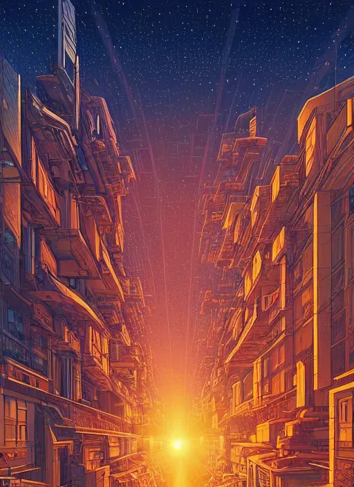 Image similar to ethereal starlit city at sunset, italian futurism, da vinci, Dan Mumford, Josan Gonzalez