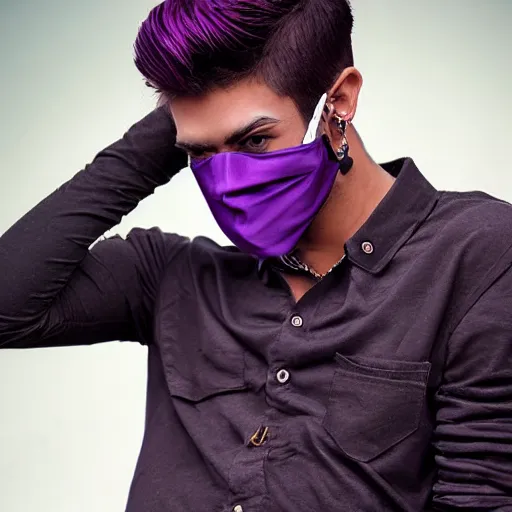 Image similar to professional digital art of a stylish young adult man with short dyed hair, a black face mask, earrings, and dark long-sleeved clothes, high quality, HD, 8K, highly detailed, award-winning, dark purple clouds