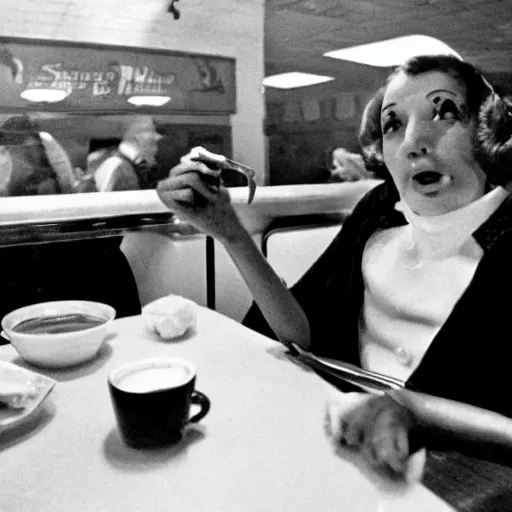 Image similar to A photo of the Grim Reaper enjoying pancakes in a 1950s diner, award-winning photography, by Saul Leiter