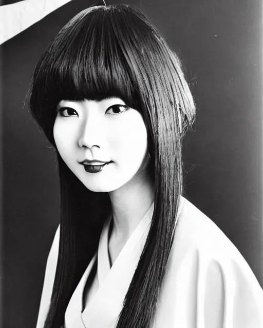 Image similar to photo of a trendy japanese woman with bangs in 1966, wearing an open kimono, artistic, black and white