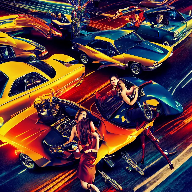 Image similar to street racing packshot by vermeer, highly detailed, saturated colors, fashion