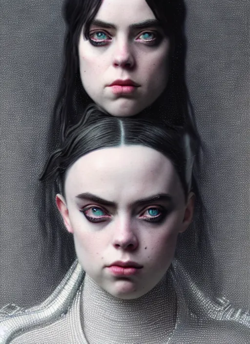 Image similar to met gala Billie Eilish as female loki by, hyper detail, hyper realistic, octane render, noir, gorgeous symmetrical face, elegant, intricate, studio lighting, by Greg rutkowski