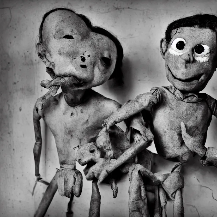 Image similar to creepy ventriloquist dummy in the style of roger ballen, 4 k, bw, portrait