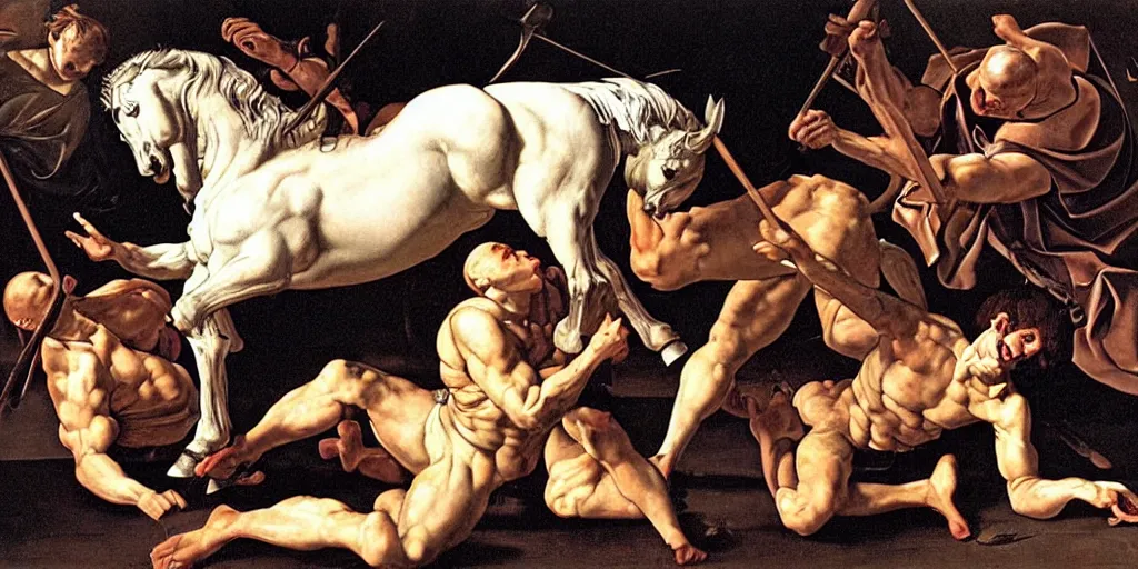 Prompt: the sacrifice of the white unicorn, fighting, struggling, muscular by caravaggio