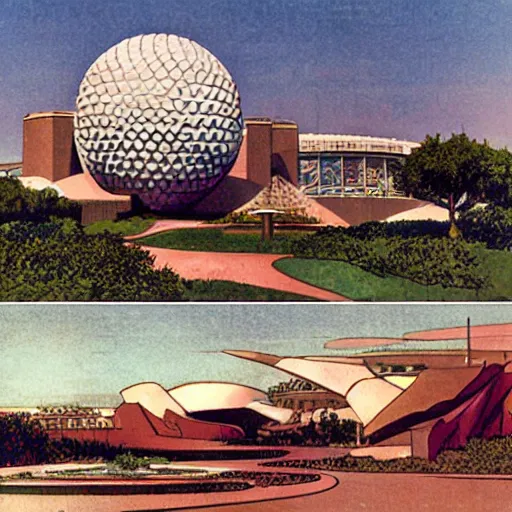 Image similar to epcot center as a wasteland, frank lloyd wright