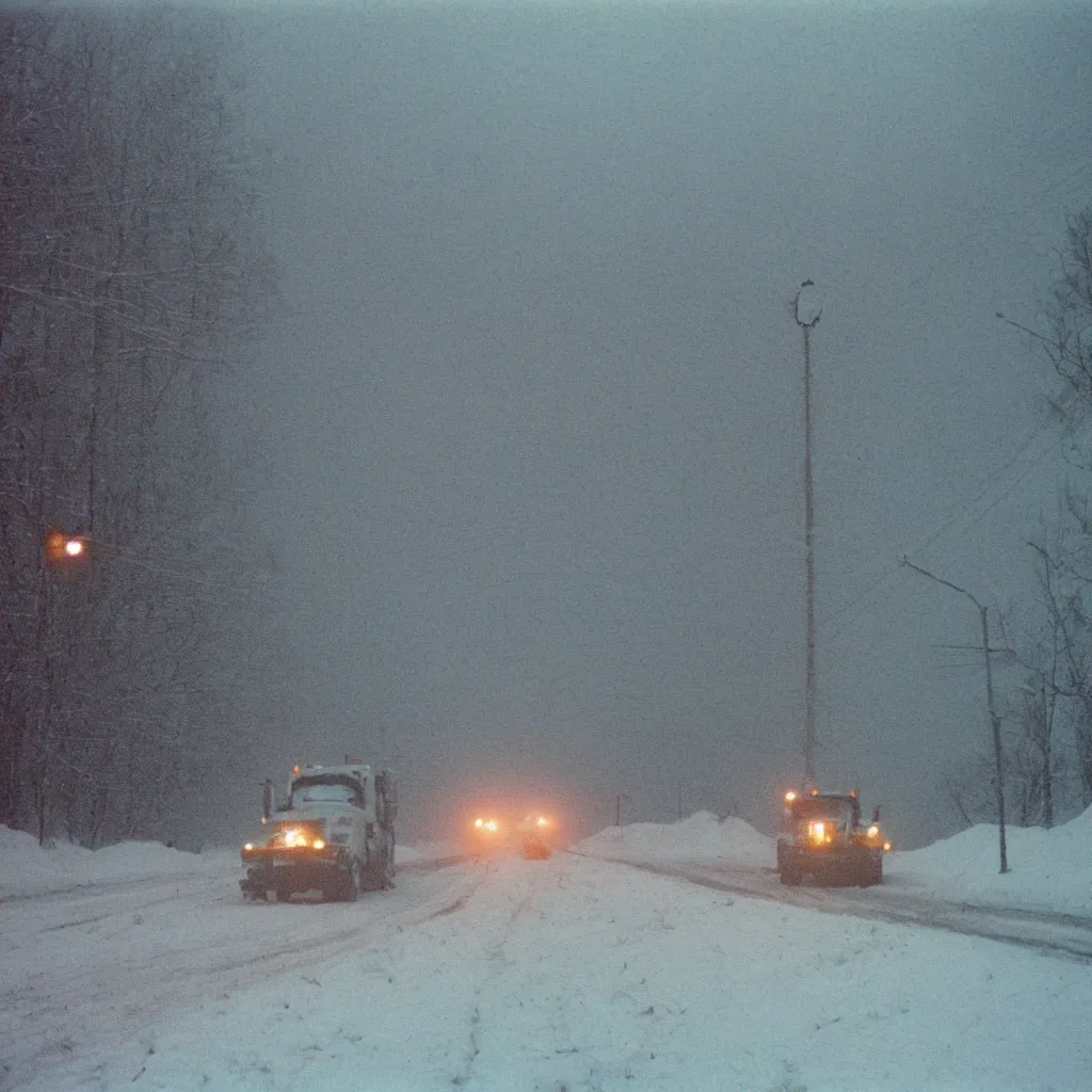 Image similar to photo, big snow plow truck is in the distance with a bright headlighta. cold color temperature, snow storm. hazy atmosphere. humidity haze. kodak ektachrome, greenish expired film, award winning, low contrast,