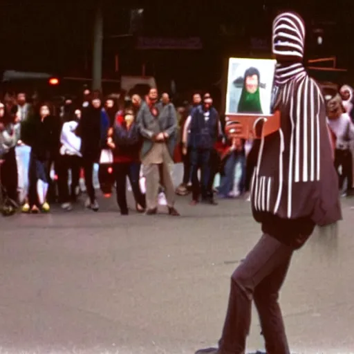 Image similar to jarvis conehead 1980s street performer film