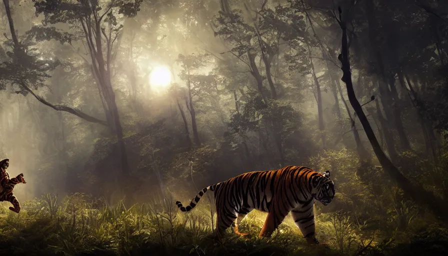 Prompt: american astronaut in an indian forest riding a tiger, plants environment, wide angle, cinematic lighting, atmospheric, ultrarealistic, trending on artstation, cgsociety, highly detailed, color graded, in the style of craig mullins, rendered in Unreal Engine 4k HQ, shadow of the tomb rider