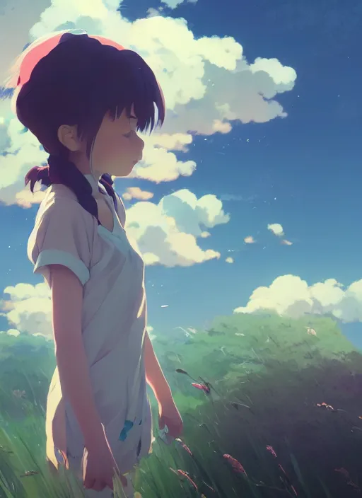 Image similar to portrait of cartoon girl, cloudy sky background lush landscape illustration concept art anime key visual trending pixiv fanbox by wlop and greg rutkowski and makoto shinkai and studio ghibli