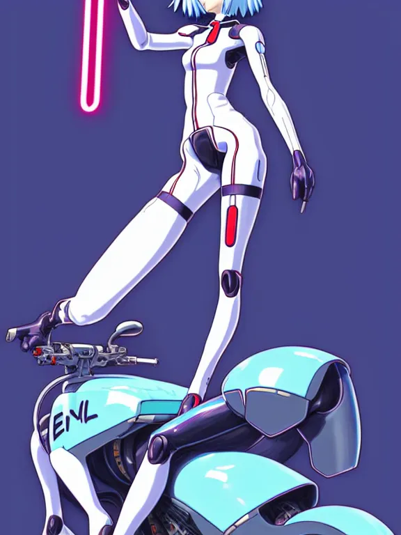 Image similar to a fullbody portrait of rei ayanami on a motorcycle, evangelion neon genesis : : blue hair, wearing a plug suit, skintight, standing on top of an eva : : by ilya kuvshinov, rossdraws, artgerm, sola digital arts, anti aliasing, raytracing : :