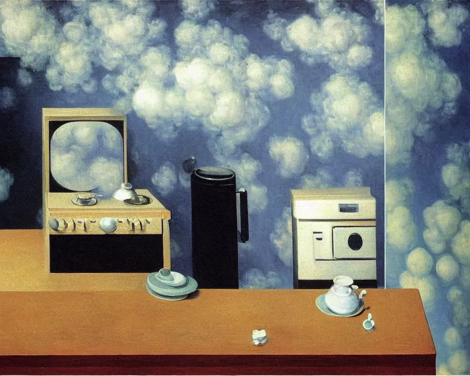 Image similar to achingly beautiful painting of a sophisticated, well - decorated kitchen stove by rene magritte, monet, and turner. whimsical.