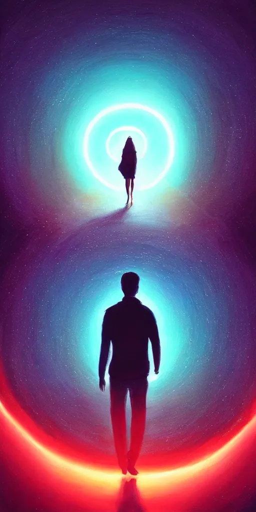 Prompt: a beautiful painting of a person walking out of a stargate by sylvain sarrailh 8 k particulate neon light film grain
