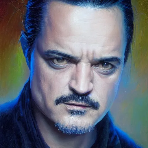 Prompt: stunning serene portrait of Mike Patton of faith no more in style of Mark Arian, oil on canvas, masterpiece, realism, piercing gaze, autumn bokeh