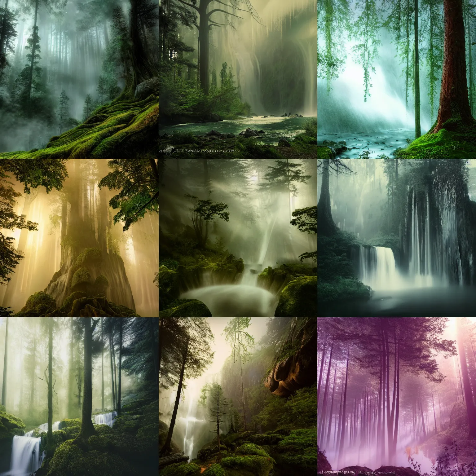 Prompt: fantasy forest with giant waterfalls, surrealism, beautiful light, HDR, hazy, foggy, atmospheric perspective, volumetric fog, cinematic, 70mm lens, anamorphic lens flare, photographic, cinematography by roger deakins, in the style of ansel adams, low details,