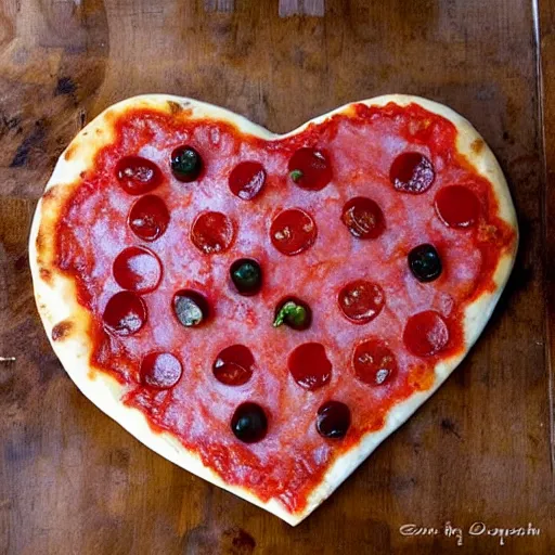 Image similar to heart shaped plain magerhita cheese pizza, 4 - 5 cherry tomata served on a wooden plate, no toppings only cheese ( ( ( no pepperoni ) ) )