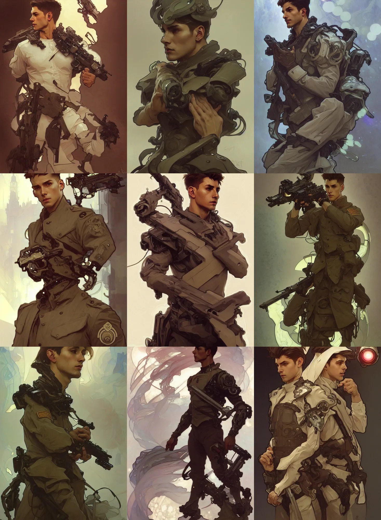 Image similar to a digital concept ar by artgerm and greg rutkowski and alphonse mucha. clear portrait of a lonely attractive men in uniform!! future military, hyper detailed, character concept, full body!! dynamic pose, glowing lights!! intricate, elegant, highly detailed, digital painting, artstation, concept art, smooth, sharp focus, illustration