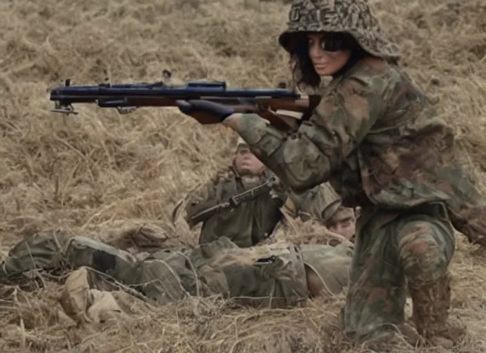 Image similar to a film still of kim kardashian as a soldier firing a rifle over a trench, open neckline. backround : warzone