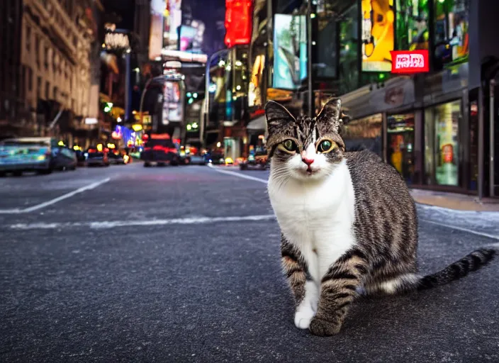 Image similar to photography of a Cat being carried in an half open backpack . in a new york street. award winning photo, led lighting, night, 130mm, sharp, high res