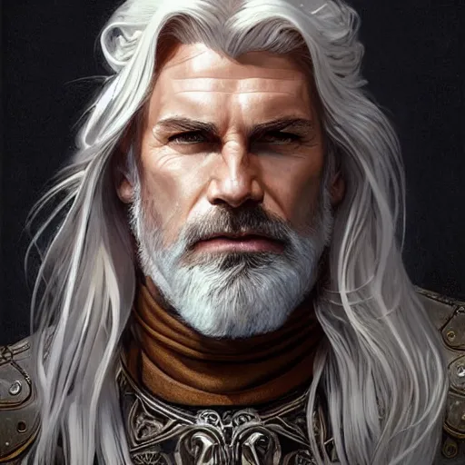 Prompt: portrait of a ruggedly handsome paladin, flowing white hair, muscular, half body, leather, hairy, d & d, fantasy, intricate, elegant, highly detailed, digital painting, artstation, concept art, smooth, sharp focus, illustration, art by artgerm and greg rutkowski and alphonse mucha