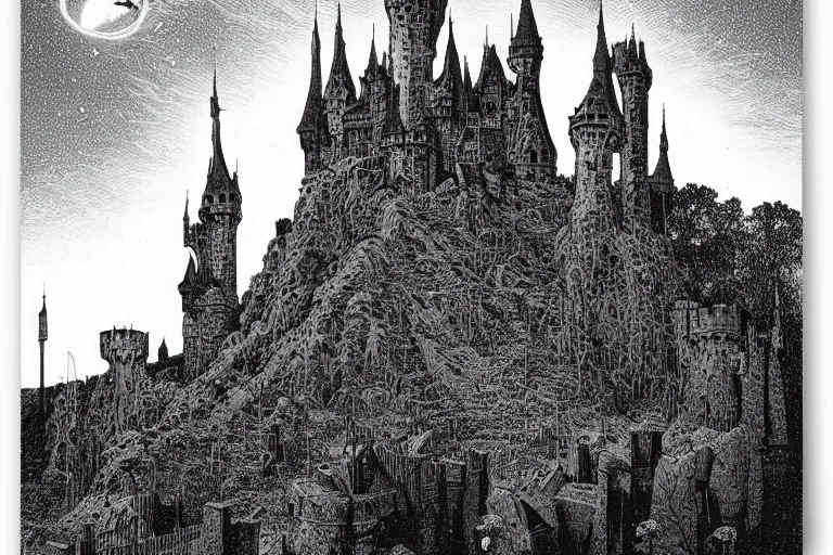 Prompt: draculas castle upon a thin spire by dan hillier by moebius