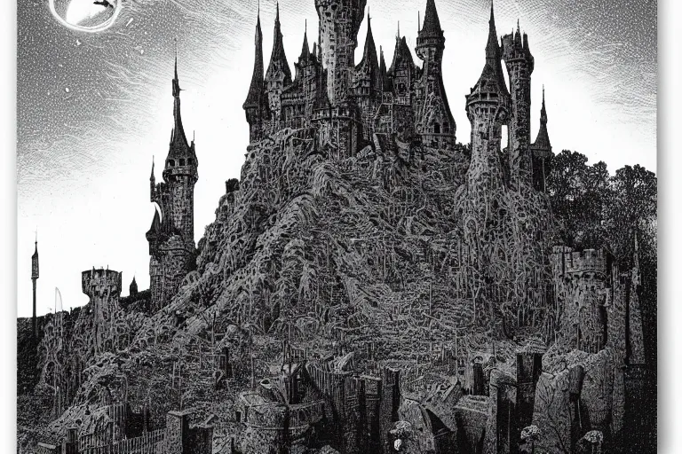 Image similar to draculas castle upon a thin spire by dan hillier by moebius