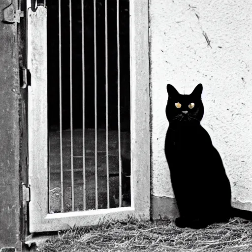 Prompt: A vintage black and white photo of a black cat sat in front of an iron gate