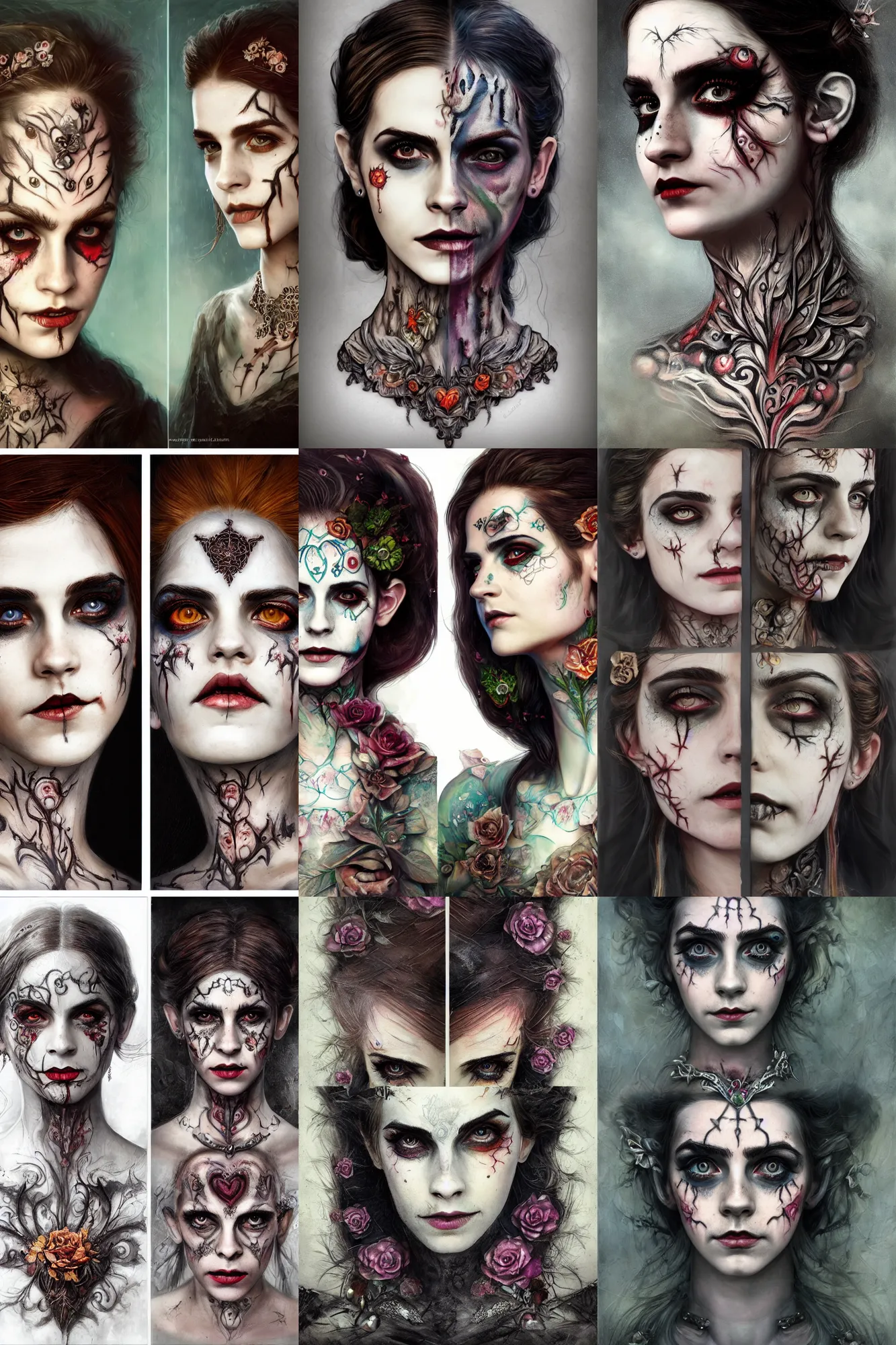 Prompt: portrait split in two, left side gothic zombie, right side fairy, symmetric, facepaint facepaint facepaint, intricate jewelry, trending on artstation 4 k, high quality, in the style of karol bak and tom bagshaw, bust with face of emma watson, tattoos