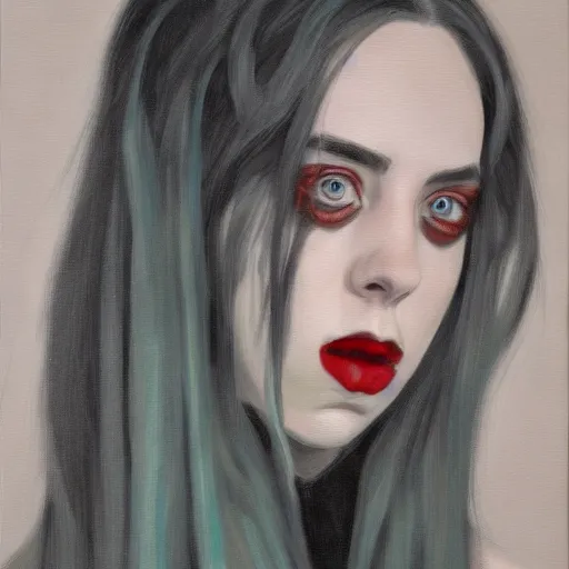 Prompt: Billie Eilish as female loki, oil on canvas, noir, trending on artstation, by Ian Sprigger