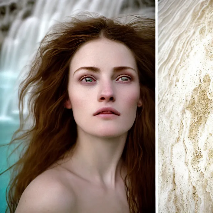 Image similar to Kodak Portra 400, 8K,ARTSTATION, Caroline Gariba, soft light, volumetric lighting, highly detailed, britt marling style 3/4 , extreme Close-up portrait photography of a beautiful woman how pre-Raphaelites, the face emerges from Pamukkale, thermal waters flowing down white travertine terraces ,and hair are intricate with highly detailed realistic beautiful flowers , Realistic, Refined, Highly Detailed, interstellar outdoor soft pastel lighting colors scheme, outdoor fine art photography, Hyper realistic, photo realistic